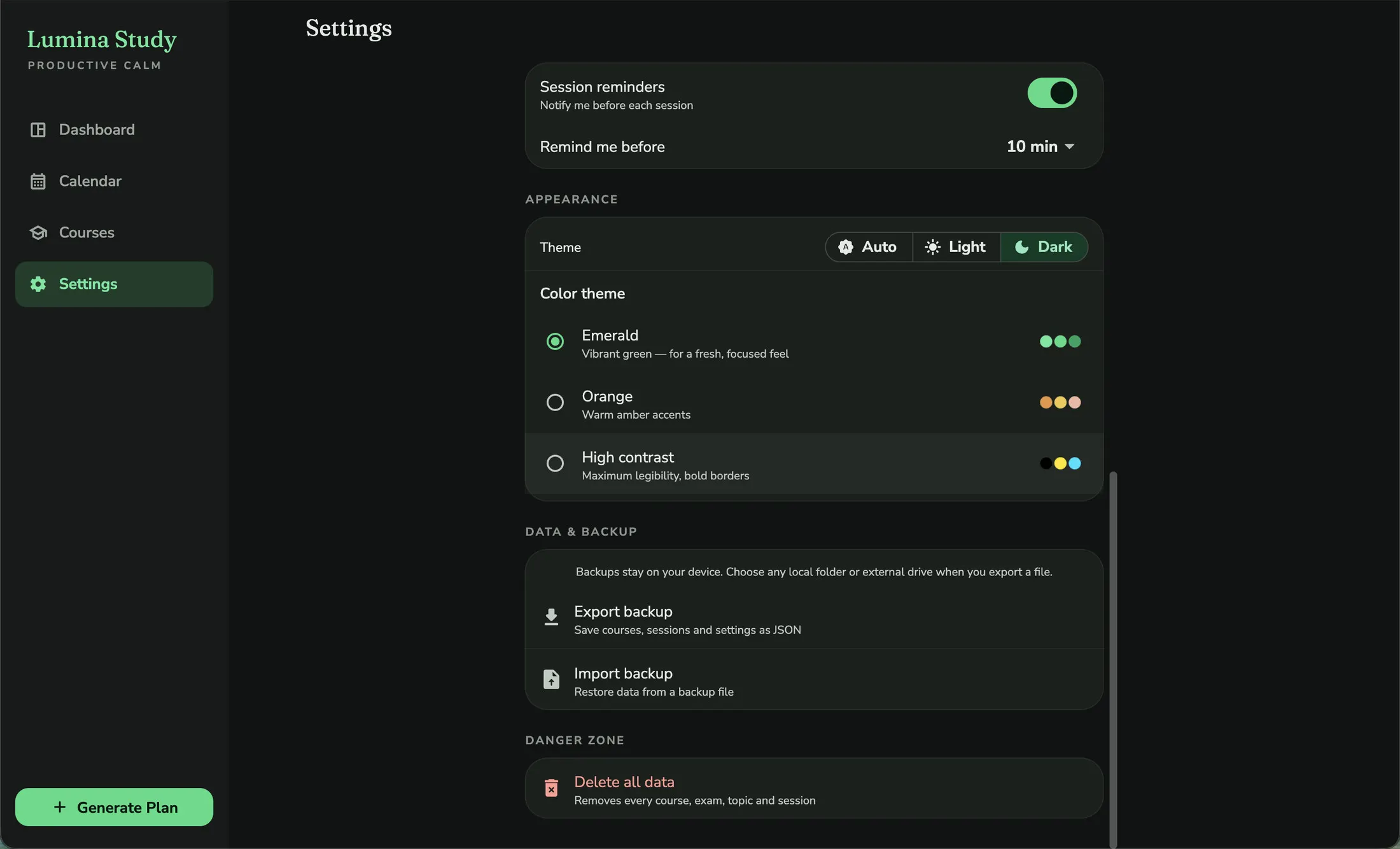 Lumina Study settings showing theme and colour theme options in dark mode.