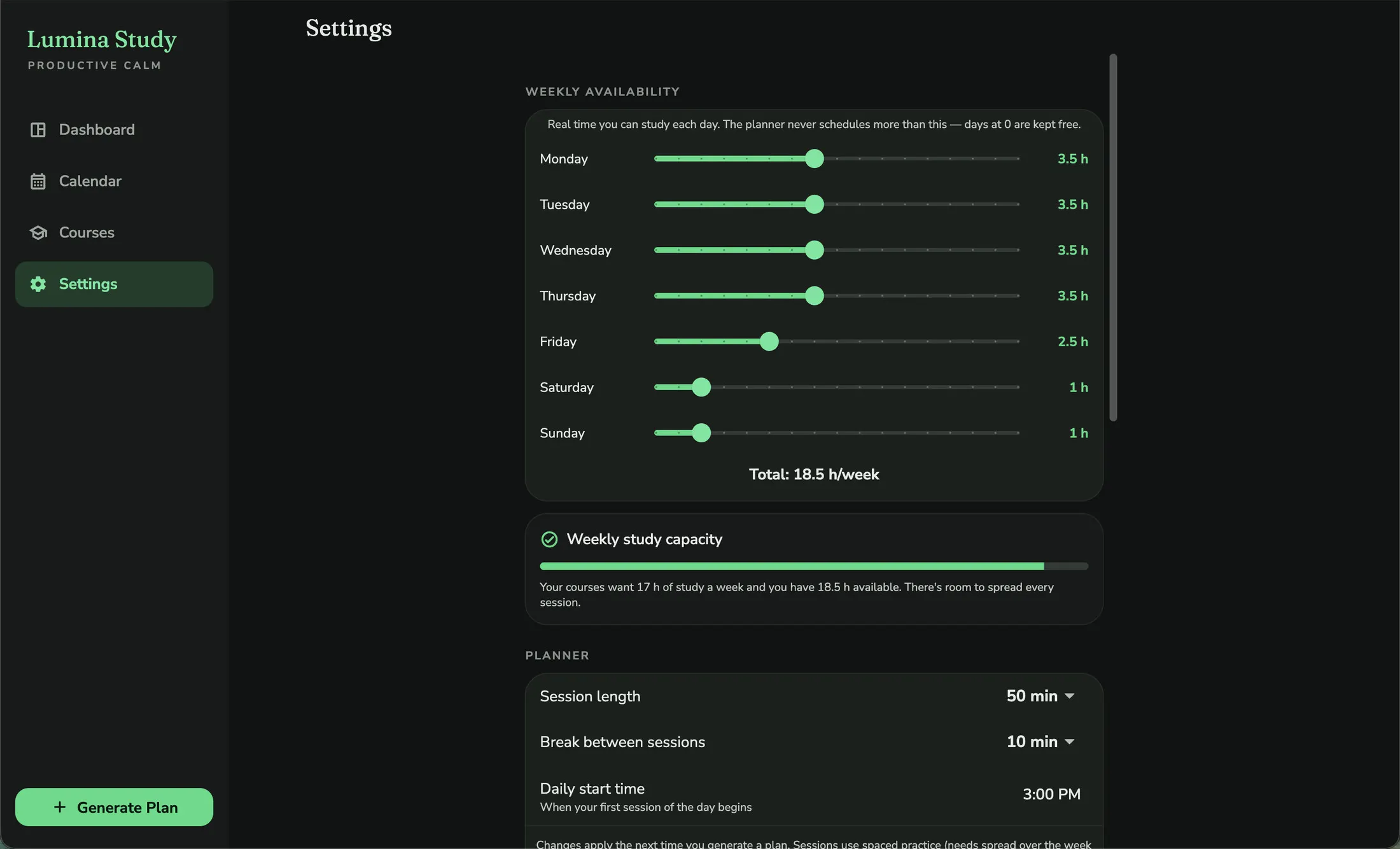 Weekly availability settings in Lumina Study, with a total of 18.5 hours per week.