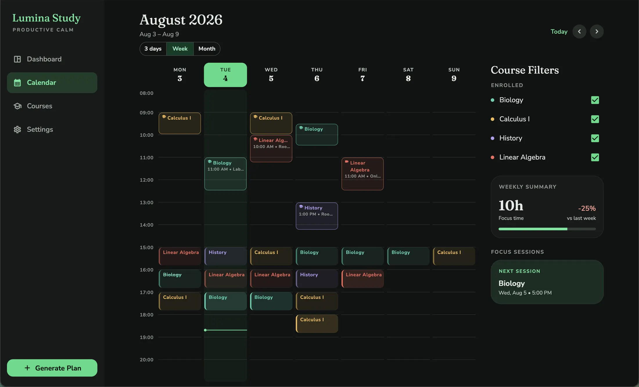 Lumina Study weekly calendar with scheduled focus sessions and a weekly summary.
