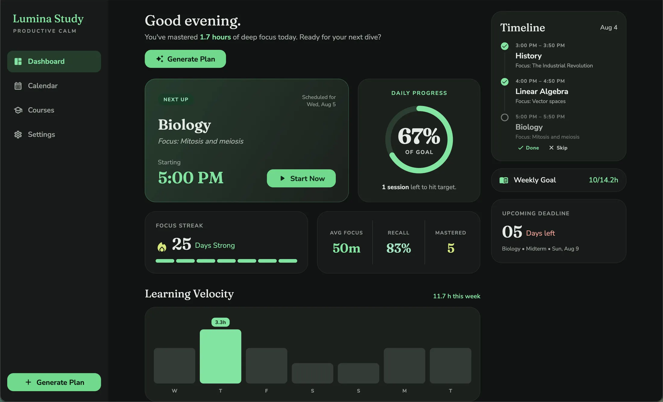 Lumina Study dashboard showing the next focus session, daily progress, study streak and learning velocity.