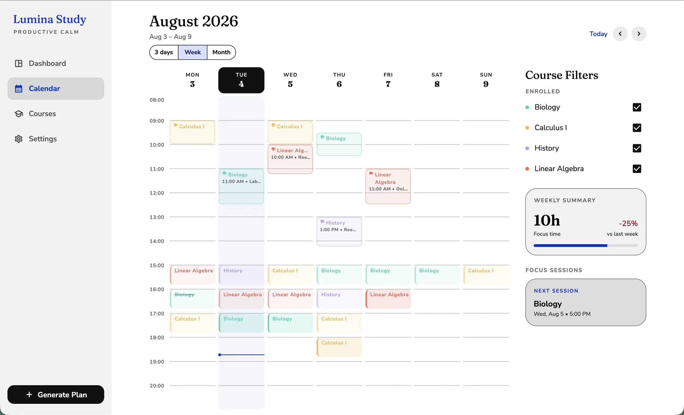 Lumina Study calendar in the High contrast theme.