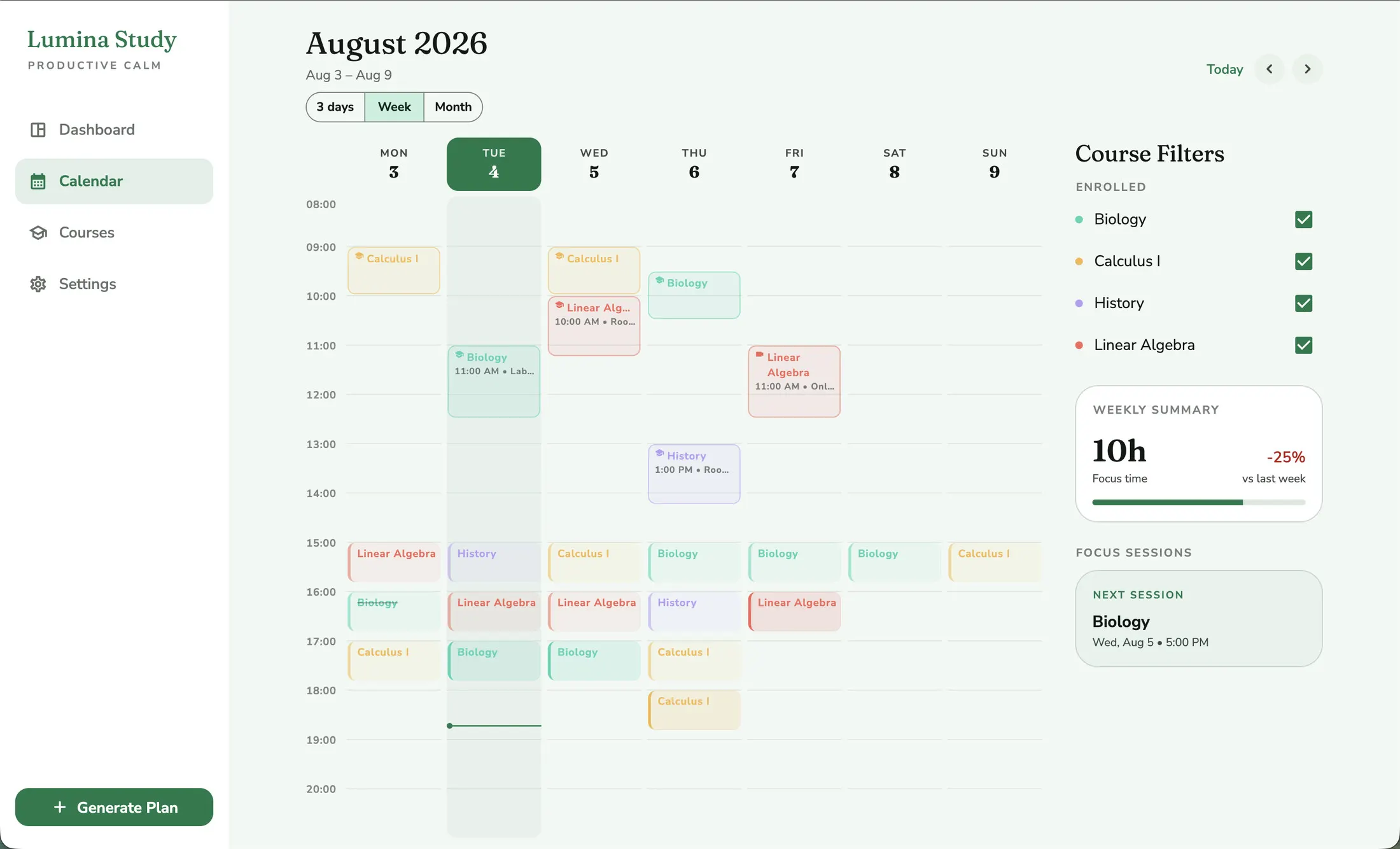 Lumina Study calendar in the Emerald theme.