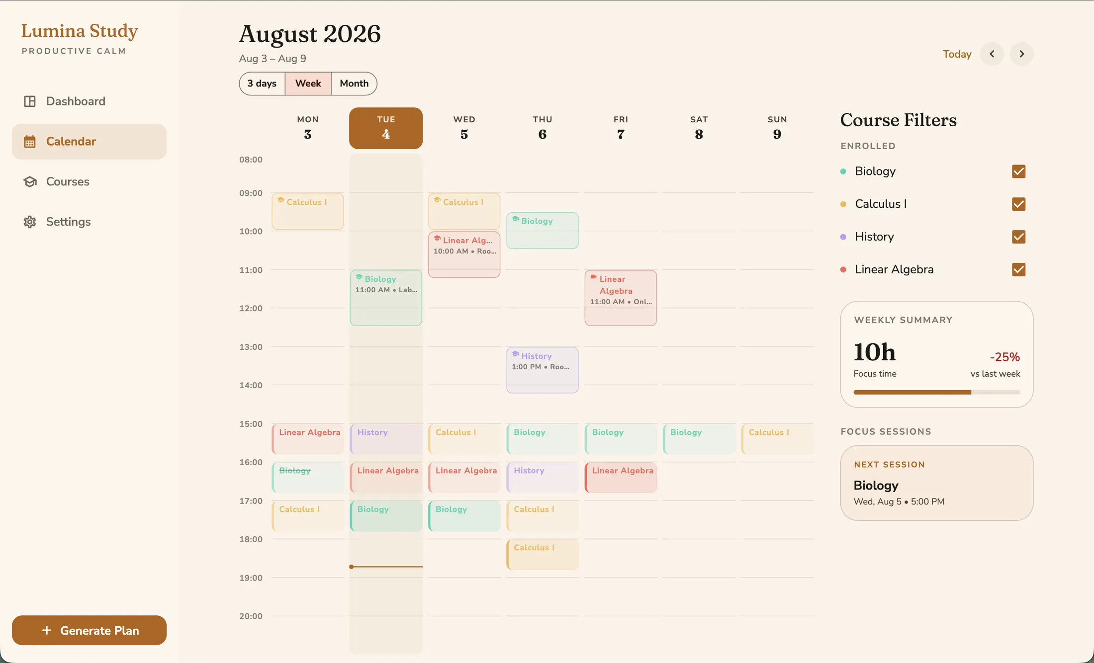 Lumina Study calendar in the Orange theme.